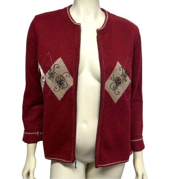 Croft & Borrow Silk Blend Knit Red Zip Up Sweater Cardinals Pinecones Vintage - Picture 1 of 10